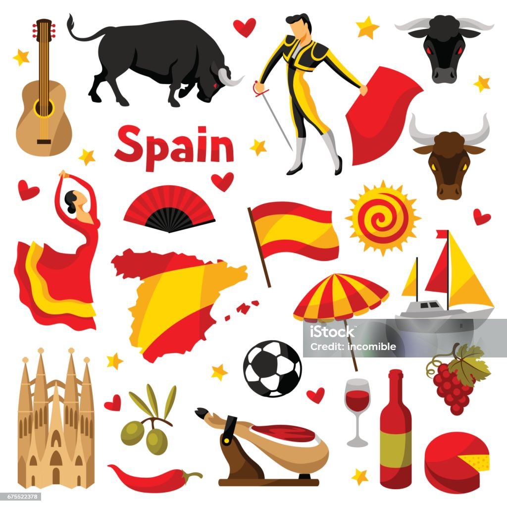 Conjunto de ícones de Espanha. Objetos e símbolos tradicionais espanholas - Vetor de Espanha royalty-free