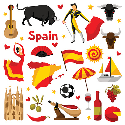 Spain icons set. Spanish traditional symbols and objects.