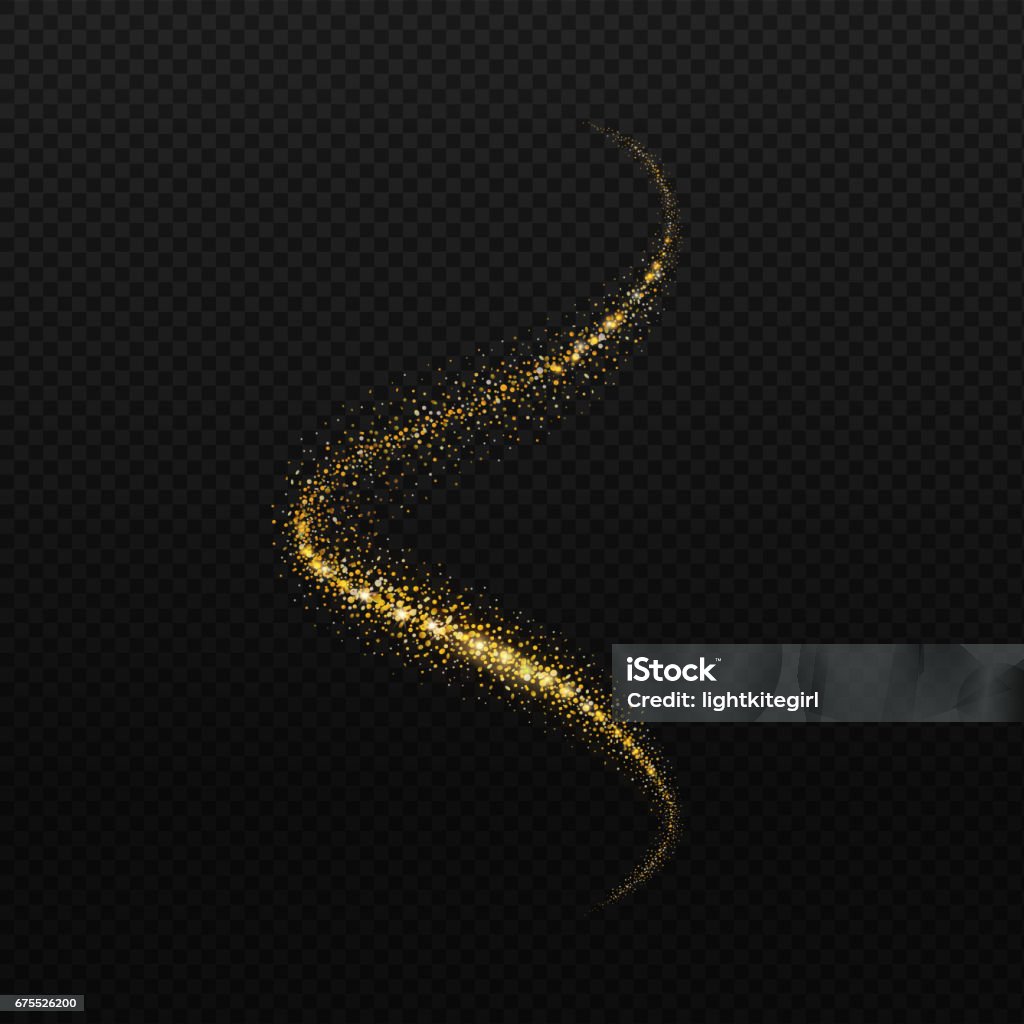 Glittering wave. Vector golden sparkling stardust trail. Magic glowing gold confetti on black background Glittering wave. Vector golden sparkling stardust trail. Magic glowing gold confetti on black background. Gold - Metal stock vector