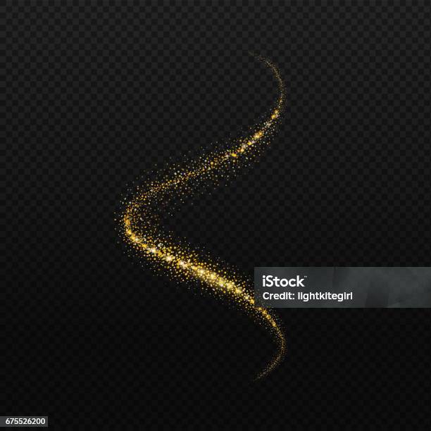 Glittering Wave Vector Golden Sparkling Stardust Trail Magic Glowing Gold Confetti On Black Background Stock Illustration - Download Image Now