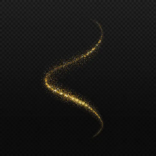 Vector illustration of Glittering wave. Vector golden sparkling stardust trail. Magic glowing gold confetti on black background