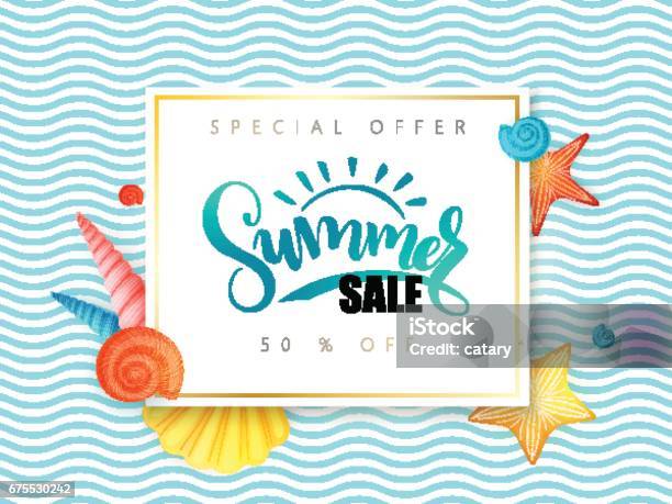 Vector Hand Lettering Summer Sale Banner Surrounded With Detailed Flat And Doodle Seashells On Wave Background Stock Illustration - Download Image Now