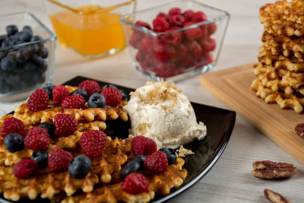 istock Plate of belgian waffles 675533028