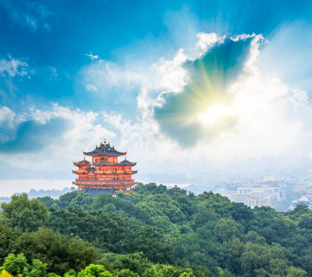 istock Beautiful Hangzhou West Lake and ancient pavilion architectural scenery at sunset 675533452