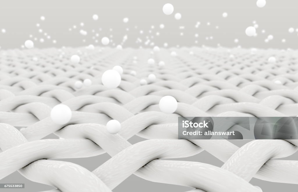 Fabric With Particles An extreme magnification of white individual fabric threads being penetrated by white cleaning particles on an isolated background - 3D render Textile Stock Photo
