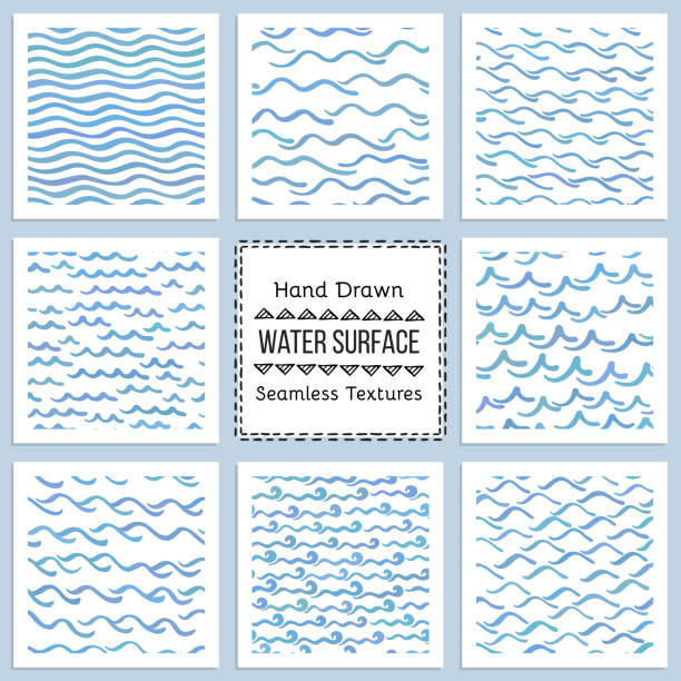 Set of hand drawn vector textures of water surface Collection of Hand Drawn Vector Textures of Water Surface. Ready to use seamless pattern included. Perfect for site background fill, scrapbooking paper, advertising banners design. wave water drawings stock illustrations