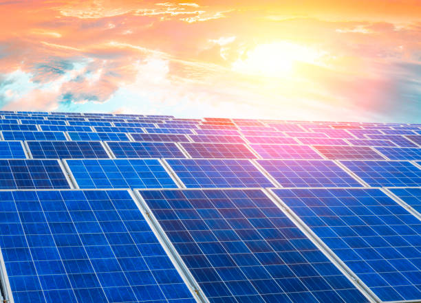 istock Solar energy panels scene at sunset 675537040