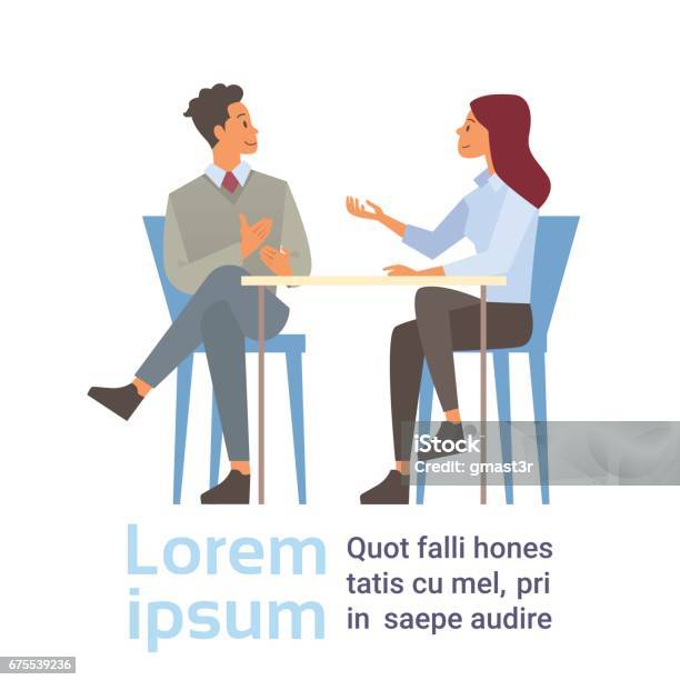 Business Man And Woman Talking Discussing Businesspeople Chat Sitting Communication Stock Illustration - Download Image Now