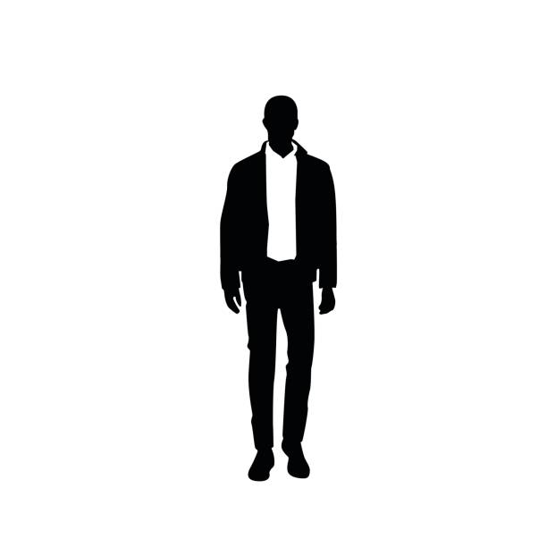 illustrazioni stock, clip art, cartoni animati e icone di tendenza di uomo d'affari silhouette nera in piedi a figura intera su sfondo bianco - art coat full length