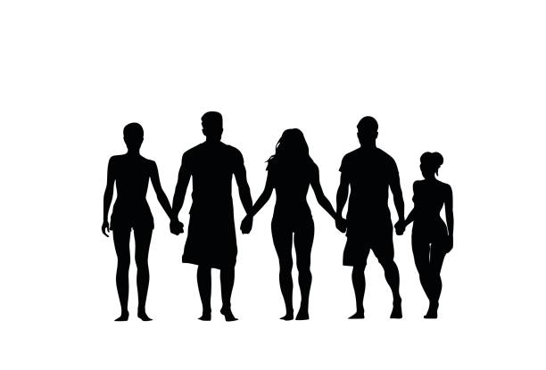 ilustrações, clipart, desenhos animados e ícones de grupo de pessoas de silhueta stand segurando as mãos homem e mulher cheio comprimento sobre fundo branco - friendship people silhouette youth culture