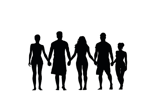 Silhouette People Group Stand Holding Hands Man And Woman Full Length Over White Background Vector Illustration
