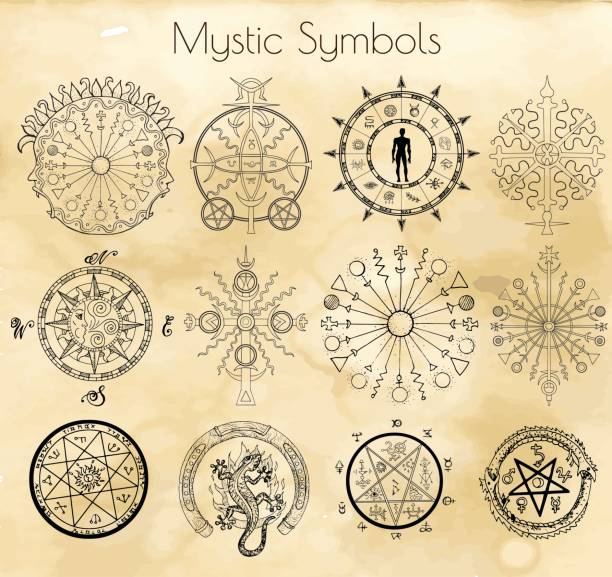 Big set with mystic and occult symbols on textured background Hand drawn graphic illustrations, vector doodle drawings occult symbols stock illustrations