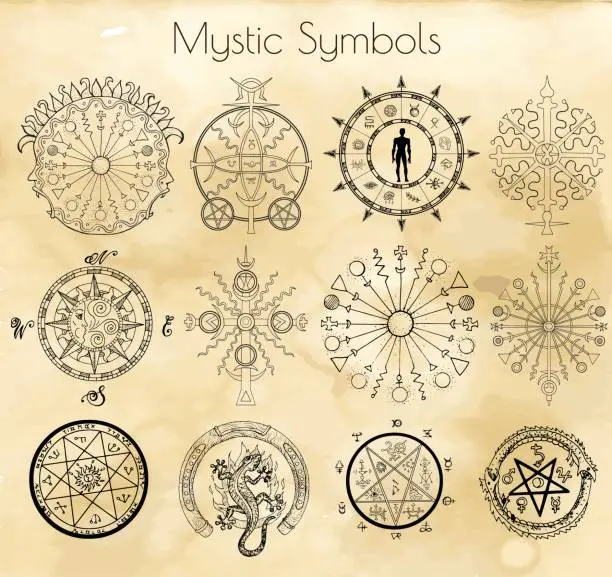 Vector illustration of Big set with mystic and occult symbols on textured background