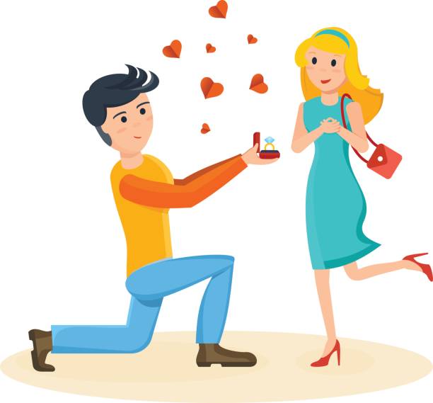 Man makes proposal to his beloved, girl delighted with surprise Happy couples in love concept. The young man makes a proposal to his beloved, girl delighted with surprise. Card for Valentine's Day. Vector illustration isolated on white background. kneelers stock illustrations