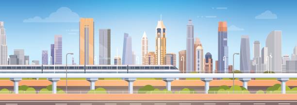 Subway Over City Skyscraper View Cityscape Background Skyline Subway Over City Skyscraper View Cityscape Background Skyline Flat Vector Illustration dubai street stock illustrations