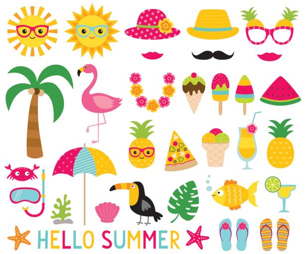Summer photo booth props Summer photo booth props and design elements pineapple beach stock illustrations