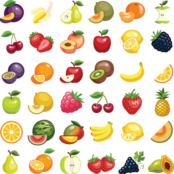 ilustraciones, imágenes clip art, dibujos animados e iconos de stock de frutas - fruta ilustraciones