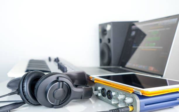 istock Computer music work station with headphone and tablet 675554132