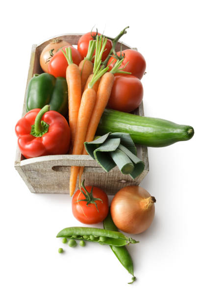 野菜: トマト、ニンジン、ピーマン、タマネギ、キュウリ、ネギ、エンドウ豆 - bell pepper pepper green bell pepper red ストックフォトと画像