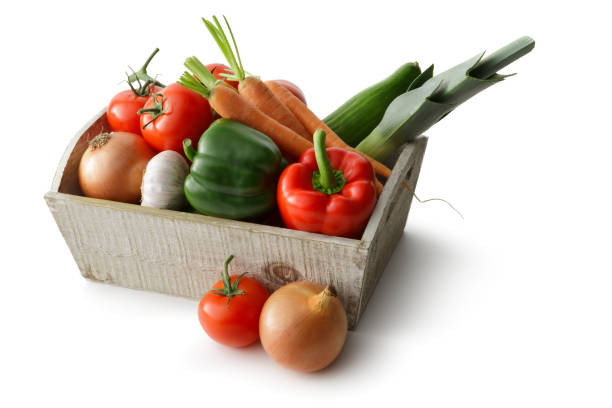 legumes: pimentão, alho-poró, cenoura, tomate e cebola - green bell pepper cucumber green pea isolated - fotografias e filmes do acervo