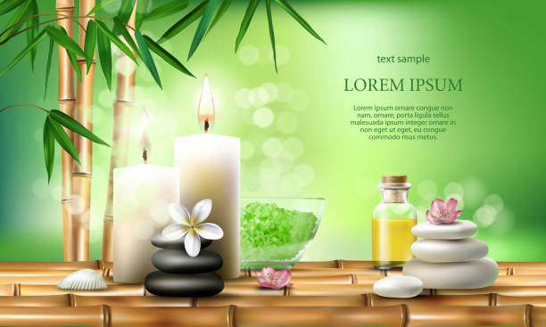 векторная иллюстрация для спа-процедур с ароматической солью, массажным маслом, свечами. - spa treatment health spa zen like bamboo stock illustrations