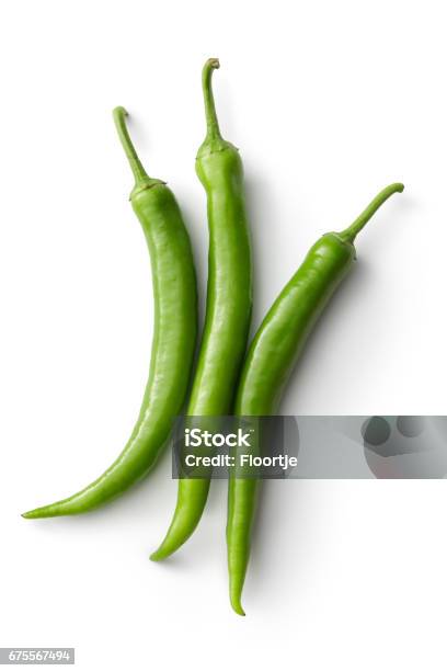Vegetables Green Chili Peppers Isolated On White Background Stock Photo - Download Image Now