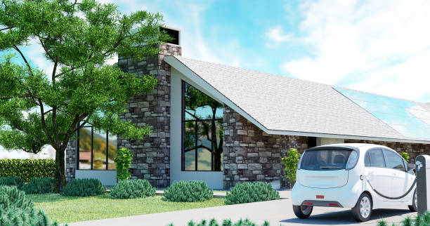 istock Electric car with ecological house 675570932