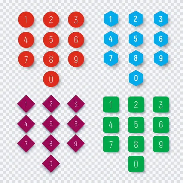 Vector illustration of Numbers from 0 to 9 on a round, square, hexagonal and rhombic button.