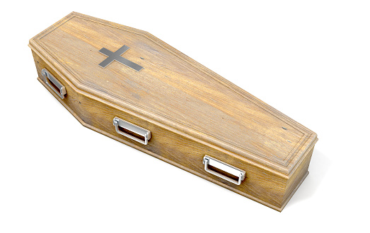 A wooden coffin with a metal crucifix and handles on an isolated white studio background - 3D Render