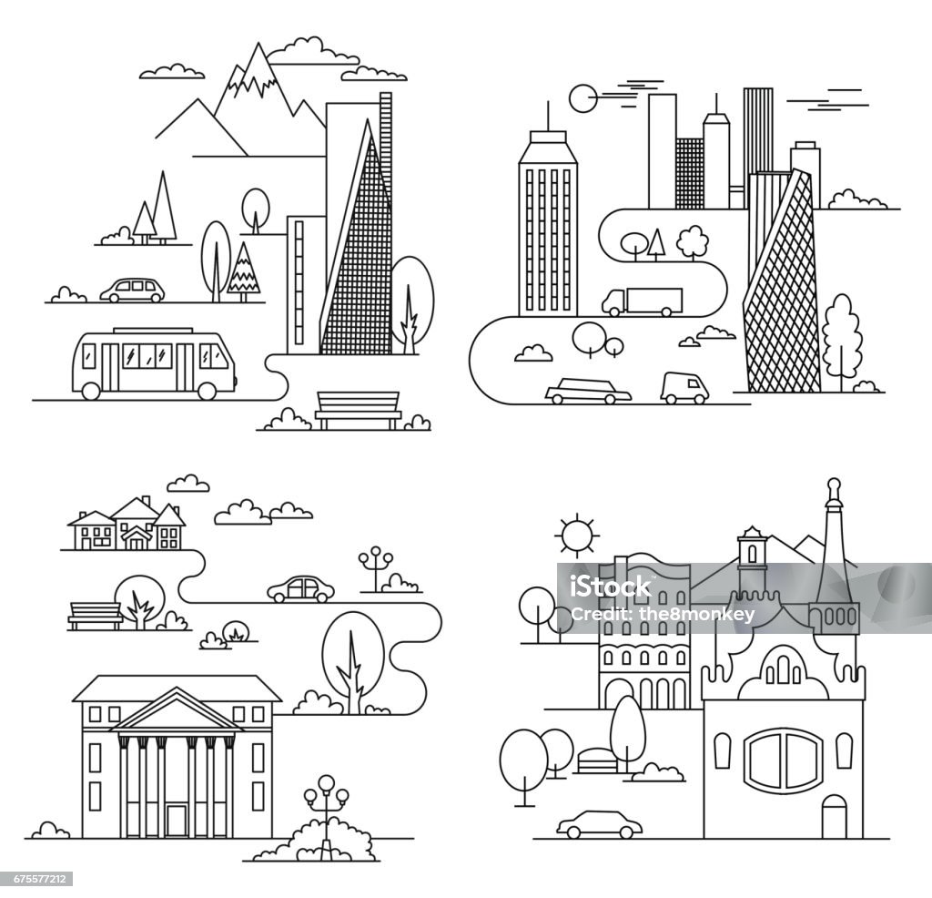 City design elements. Linear style. Vector illustration city landscapes line vector illustration with skyscrapers, towers and trees. Vector linear illustration. City stock vector