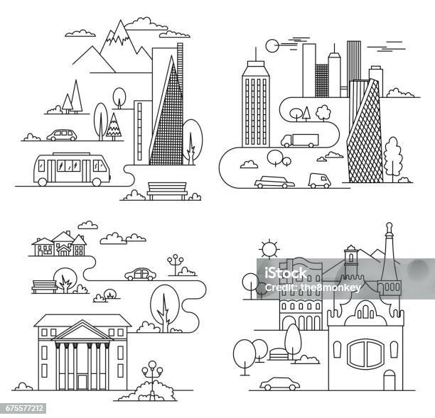 City Design Elements Linear Style Vector Illustration Stock Illustration - Download Image Now