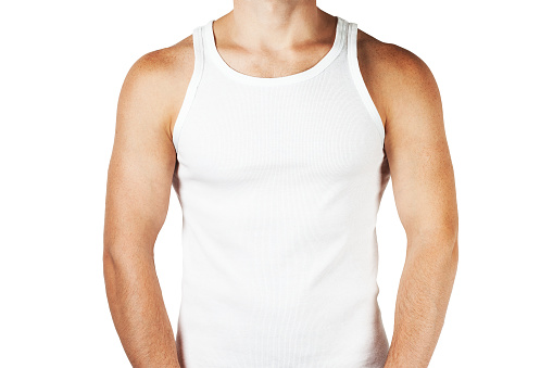Young man wearing white blank tank top isolated on white background