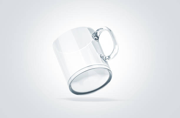 blank transparent glass mug mock up isolated, no gravity view - drinking tea cup drink imagens e fotografias de stock