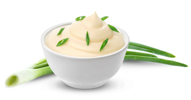 sour cream with onion isolated on white background with clipping path, one of the collection of various sauces - tartar sauce imagens e fotografias de stock