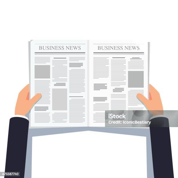 Opened Newspaper In Businessman Hands Stock Illustration - Download Image Now - Newspaper, Reading, Men