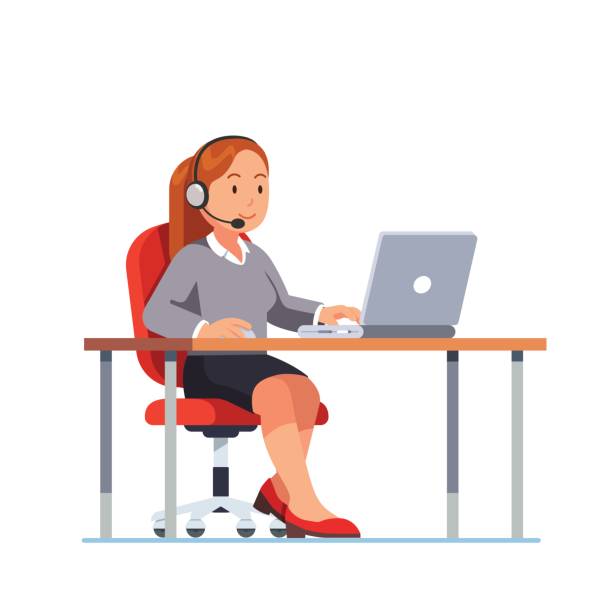 ilustrações de stock, clip art, desenhos animados e ícones de operator of call center office working at her desk - center occupation headset on the phone