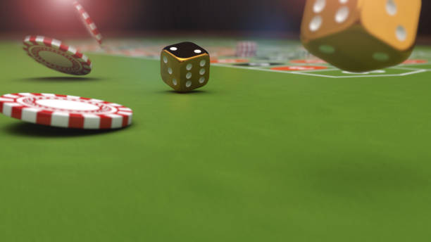 istock Casino theme, playing chips and gold dices on a gaming table, 3d illustration 675590166