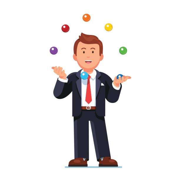 stockillustraties, clipart, cartoons en iconen met bekwame business man jongleren kleurrijke ballen - jongleren