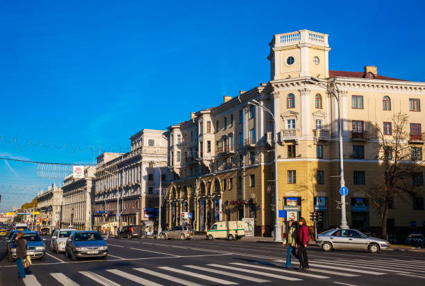 Minsk, Belarus, traffic on Independence Avenue, October 10, 2010, urban architecture, editorial