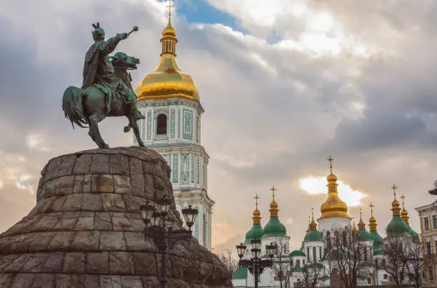 Bohdan Khmelnytsky Monument, Saint Sophia's Cathedral, view from Sophia square. Kiev, Ukraine