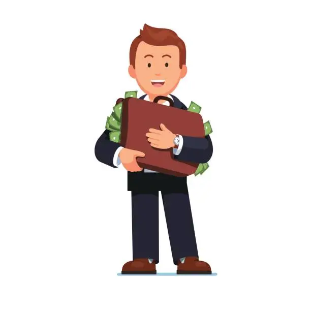 Vector illustration of Business man standing holding case full of money