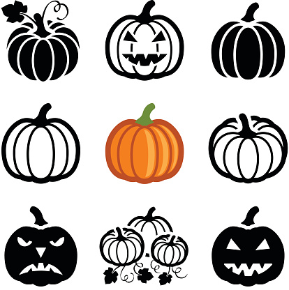 Pumpkin halloween icon collection - vector outline and silhouette