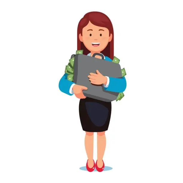 Vector illustration of Business woman standing holding case full of money