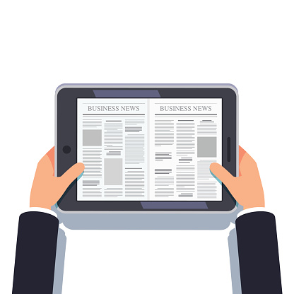 Tablet computer or eReader in businessman hands. Daily or weekly business news. Online media tabloid site concept. Flat style modern vector illustration isolated on white background.