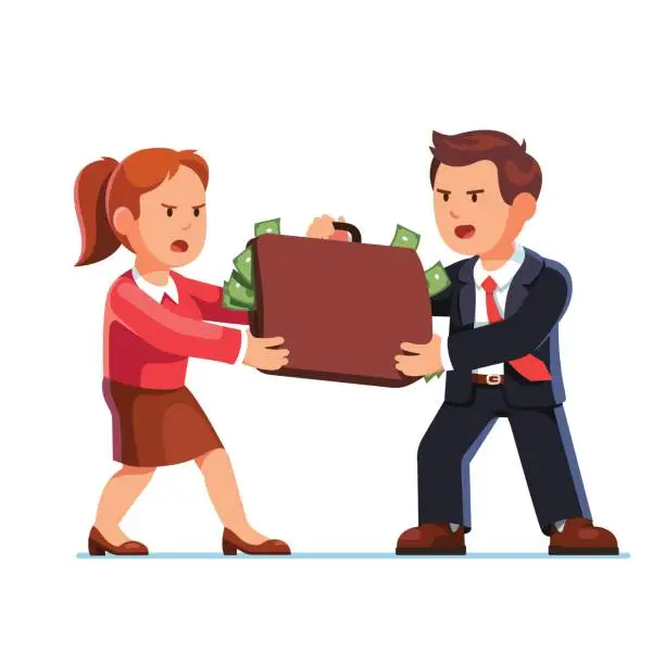 Vector illustration of Business man and woman fighting for dollar money