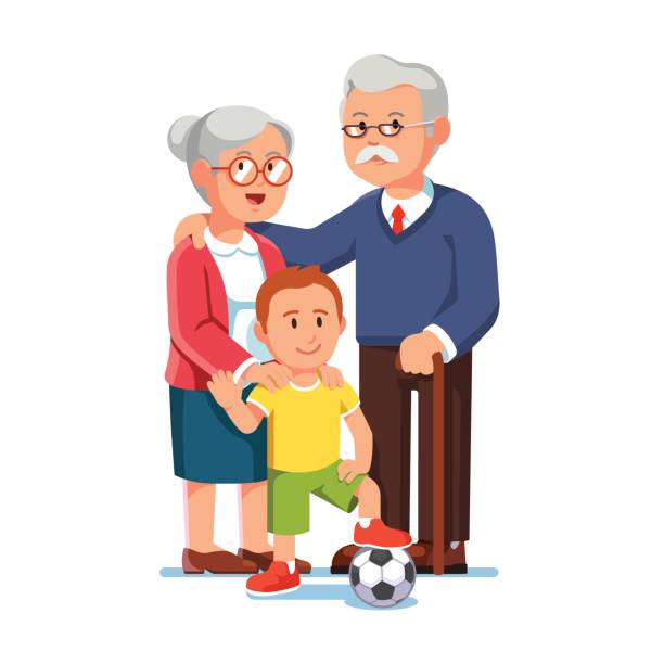 starzec i starsza kobieta stojąca z małym chłopcem - grandparent grandfather grandchild grandmother stock illustrations