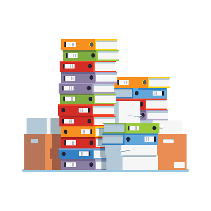 Heap of paper document file folders and cardboard boxes. Huge pile of paperwork. Bureaucracy concept. Flat style isolated vector illustration on white background.