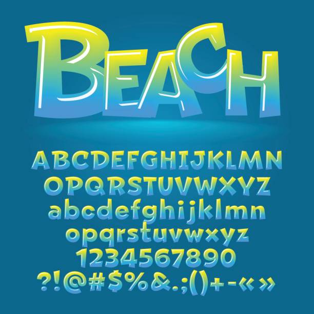 illustrazioni stock, clip art, cartoni animati e icone di tendenza di lettere lucide sulla spiaggia vettoriale, numero, simboli - bambini spiaggia