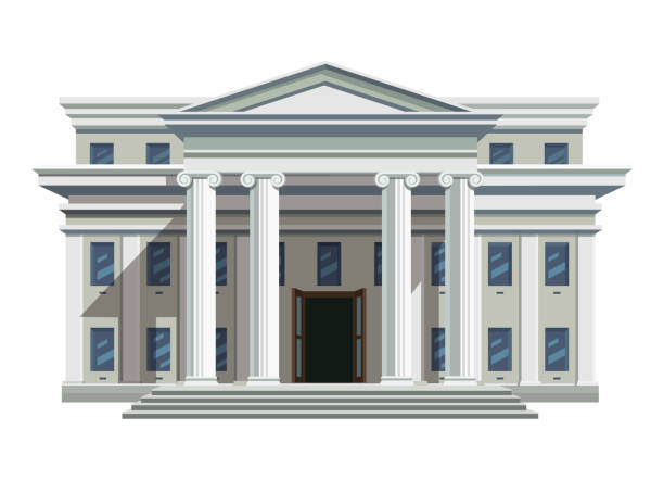 weiße ziegel öffentliche gebäude mit hohen säulen - bank column building exterior government stock-grafiken, -clipart, -cartoons und -symbole