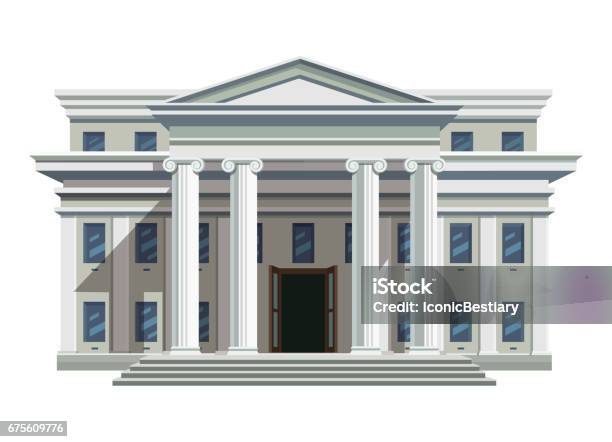 White Brick Public Building With High Columns Stock Illustration - Download Image Now - Museum, Building Exterior, Bank - Financial Building